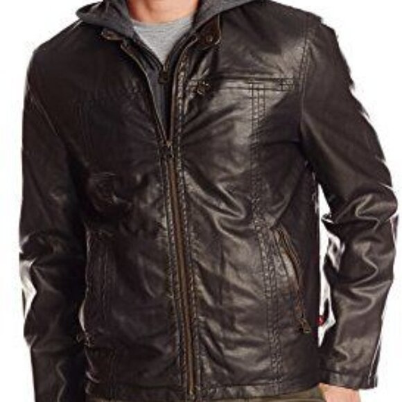 Levi’s Brown Vegan Leather Faux Fur Lined Bomber Jacket Hooded Zip Coat - Picture 4 of 16